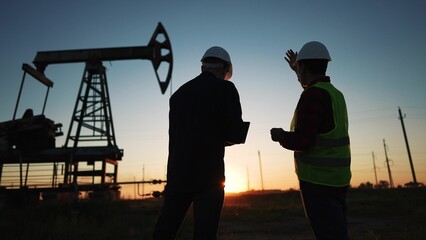 oil production. two workers a work next to an oil pump at sunset silhouette. industry business oil...