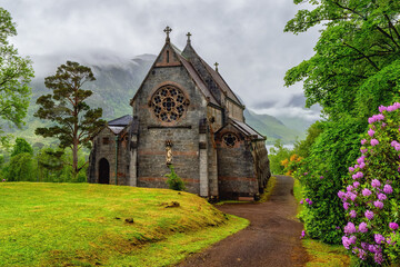 Fairy-tale landscape, Saint Mary and Saint Finnan Church, Highlands, Scotland