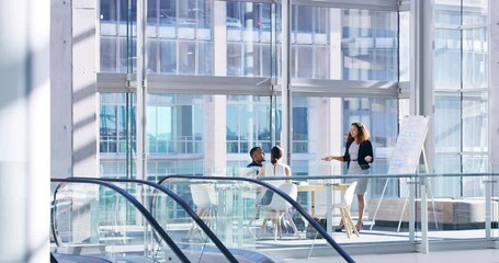 Education, training and learning business people at conference, presentation and office seminar. Female manager and boss talking, explaining and sharing information on whiteboard in workshop meeting