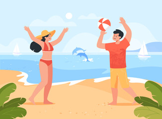 Obraz na płótnie Canvas Cartoon couple playing ball games on beach. Man and woman playing beach volleyball at summer resort flat vector illustration. Summer sports, vacation concept for banner, website design or landing page