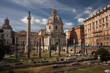 Trajan&rsquo;s column surrounded by the ruins of the Trajan&rsquo;s Forum in the Roman Imperial Fora 