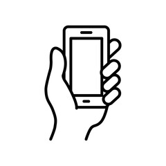 Hand holding smartphone icon. Simple outline style. Hold mobile phone with white screen. Thin line vector illustration isolated on white background. EPS 10.