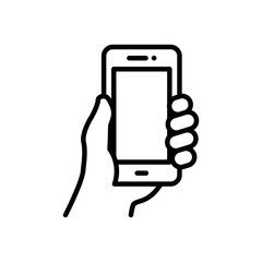 Hand holding smartphone icon. Simple outline style. Hold mobile phone with white screen. Thin line vector illustration isolated on white background. EPS 10.