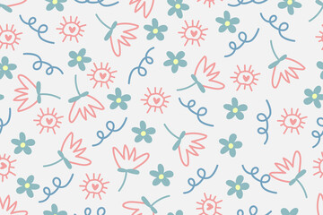 Vintage pastel flowers doodle cartoon seamless pattern