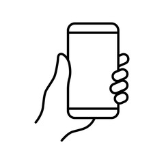 Hand holding smartphone icon. Simple outline style. Hold mobile phone with white screen. Thin line vector illustration isolated on white background. EPS 10.