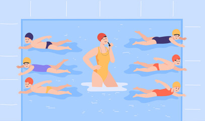 Professional coach training kids in swimming pool. Children learning swimming during class, swimmers exercising flat vector illustration. Swimming, competition, childhood concept for banner