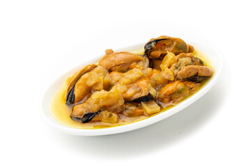 Canned mussels on ceramic tray