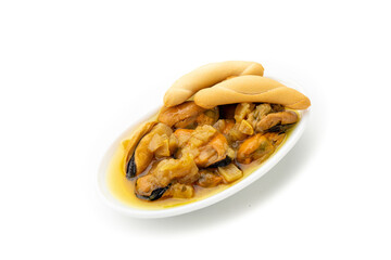 Canned mussels on ceramic tray