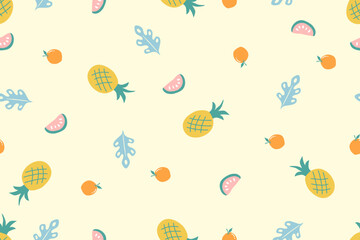 Summer fruits pineapple watermelon mandarin orange pastel cartoon doodle seamless pattern