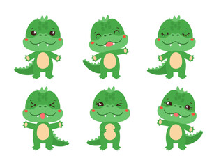 Cartoon croocodile kawaii style emoji. Fun crocodile character set various emotions. Kawaii animal facial expressions - calm, happy, laughing, smiling, waving, winking. Cute crocodile chibi style.