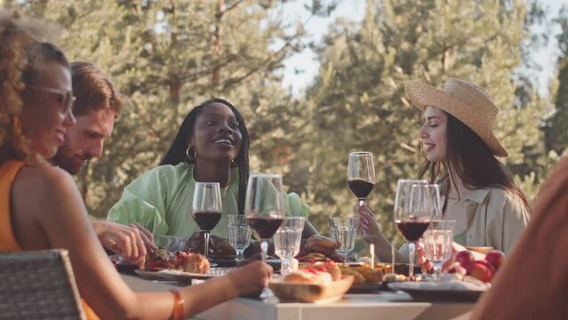 Waist up slowmo of company of young multiethnic people cheering with glasses of red wine while having lunch outdoors in park on summer day