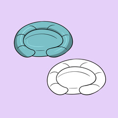 A set of pictures, a blue pillow-litter for dogs, a comfortable soft chaise longue, a vector in cartoon style