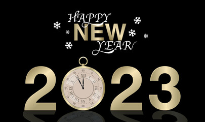 Happy New Year 2023 With Old Clock. Reflection from the floor