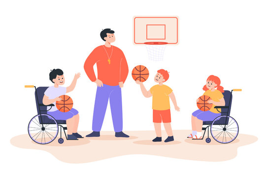 Kids with physical disability and teacher playing basketball. Coach and children in wheelchairs at gym flat vector illustration. Sports, inclusion, disability, social protection concept for banner