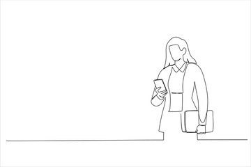 Drawing of young businesswoman holding his laptop while using his phone and standing on the street. Single line art style