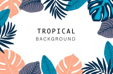 Tropical leaves background vector. Summer Sale banner design with flower and leaf. Hand drawn colorful palm leaf, monstera leaves, floral line art design for wallpaper, cover, cards and packaging.