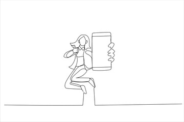 Cartoon of woman jumping on air, pointing at cellphone with empty screen. Continuous line art