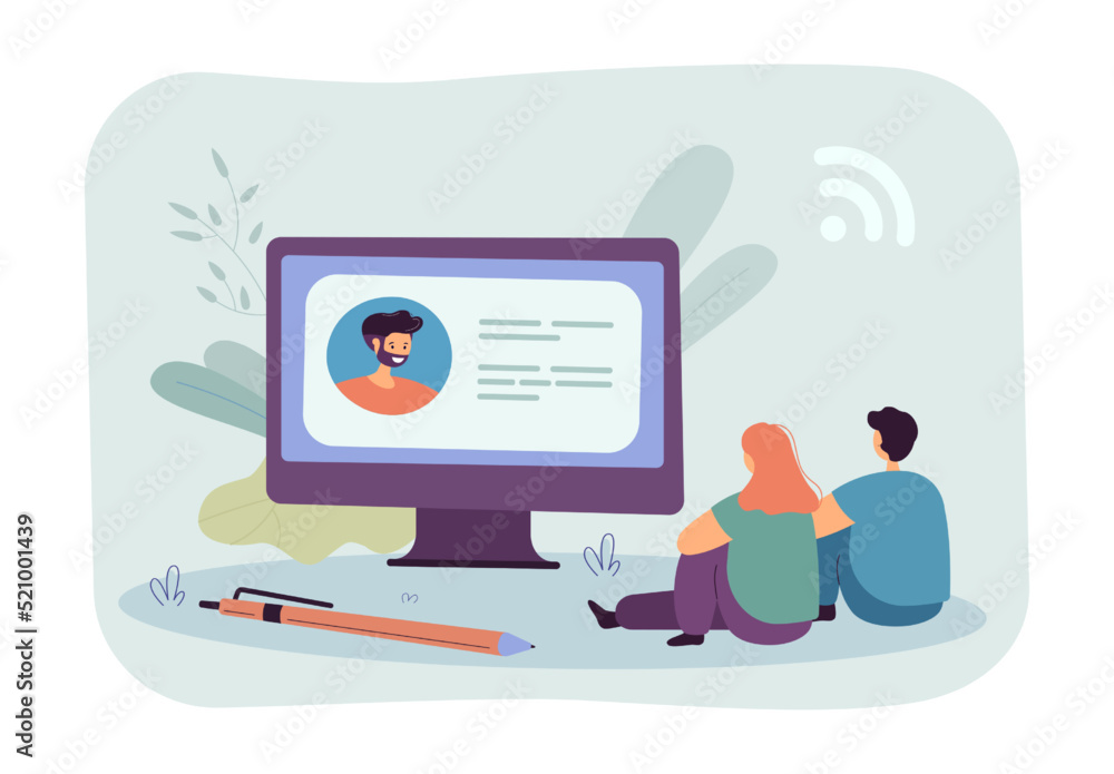 Poster cartoon students watching lecture on huge computer screen. teacher or tutor teaching children via in