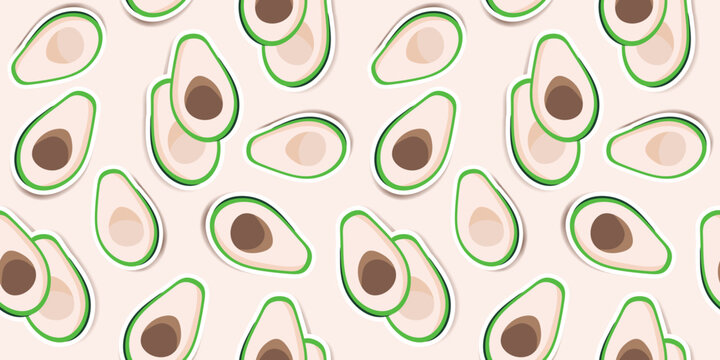 Cute green avocados on a light pibk background. Trendy avocado pattern design for wallpapers, print, fabric and stationery design. Green avocados sticker pattern. Illustrated vector fruit.