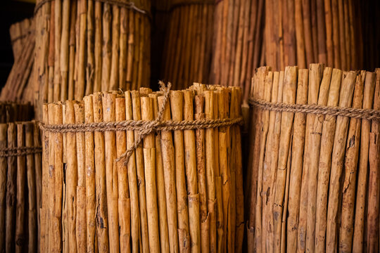Ceylon cinnamon bulk picture. Sri Lankan authentic cinnamon. True cinnamon sticks. Pure Ceylon cinnamon. Close up.