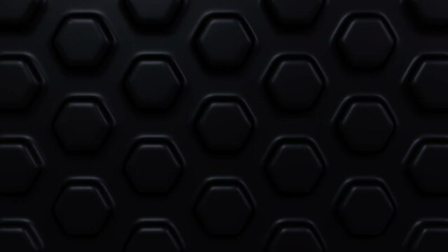 Black background with embossing hexagons. Plastic extrusion animation. 3D render animation
