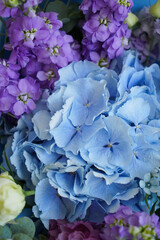 Close-up of blue and purple flowers in a bouquet