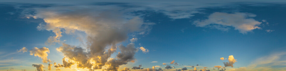 Dramatic sunset sky panorama with Cumulus clouds. Seamless hdr 360 pano in spherical equirectangular format. Complete zenith for 3D visualization, game and sky replacement for aerial drone panoramas