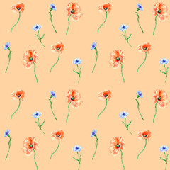 Fototapeta premium Meadow blue, red flowers watercolor illustration seamless pattern on coral.