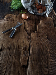 wooden background aged and cracked with empty copy space and ingredients