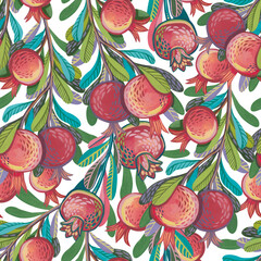 Seamless pattern with stylized decorative branches with hand-drawn gouache pomegranates.