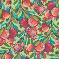 Seamless pattern with stylized decorative branches with hand-drawn gouache pomegranates.