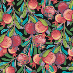 Seamless pattern with stylized decorative branches with hand-drawn gouache pomegranates.