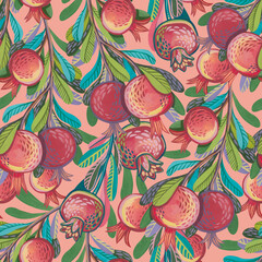 Seamless pattern with stylized decorative branches with hand-drawn gouache pomegranates.