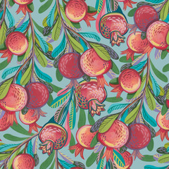 Seamless pattern with stylized decorative branches with hand-drawn gouache pomegranates.