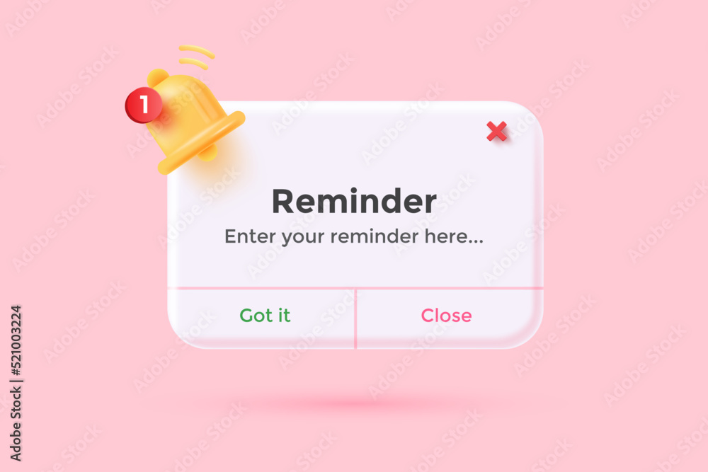 Poster reminder 3d illustration, notifications page with floating elements. business planning ,events, remi