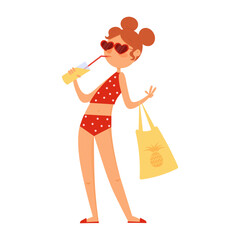 Cute summer  girl in red swimsuit and eyeglasses in cartoon style with a cocktail and bag isolated on white background