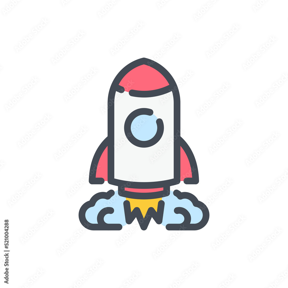 Poster spaceship and startup launch color line icon. rocket in space vector outline colorful sign.