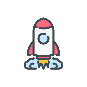 recommend clip art: Spaceship and Startup Launch color line icon. Rocket in space vector outline colorful sign.