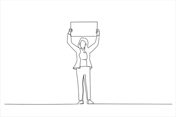 Drawing of happy woman holding up a banner ad. Single line art style