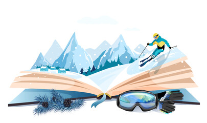 Open book, winter nature inside. Imagination, fantasy, magic in literature concept. Season fairy tale, storybook, textbook. Skier, mountain landscape picture, face protective mask. Vector illustration