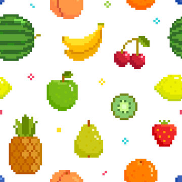Pixel Art Fruits seamless pattern on white background. Isolated pixel fruits in retro 8-bit video game style. Endless vector background 