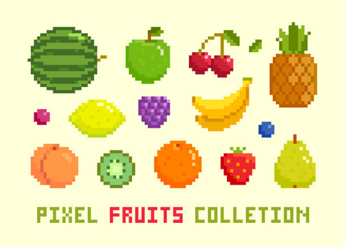 Vetor do Stock: Pixel fruits set. Pixel art fruits huge vector