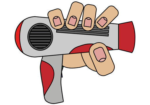 recommend clip art: The hand is holding a hair dryer. Isolated on white background in cartoon style in vector graphic