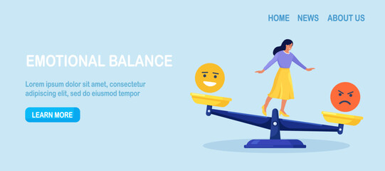 Emotional intelligence, balance emotion. Woman balanced on scales with bad and good emotions. Unstable mental state and tight emotion control. Psychological and mental stability. Mindful calm, harmony