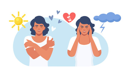 Woman in bad and good mood. Girl in stress of premenstrual syndrome and calm state of mind. PMS, mental health problems. Feelings, behavior expression. Various emotions and mood changes