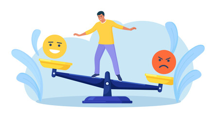 Emotional intelligence, balance emotion. Man balanced on scales with bad and good emotions. Unstable mental state and tight emotion control. Psychological and mental stability. Mindful calm, harmony