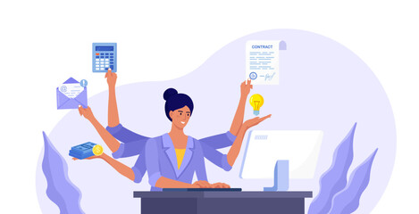 Business woman with many arms sitting at her laptop in office and doing many tasks at the same time. Freelance worker. Multitasking skills, effective time management and productivity concept