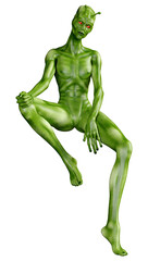 3D Rendering Green Alien on White