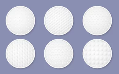 Foto op Canvas Cosmetic cotton pads texture. Realistic round white discs, hygiene and skin care product, soft face sponge with different embossing patterns, makeup remover accessory, utter vector set © YummyBuum