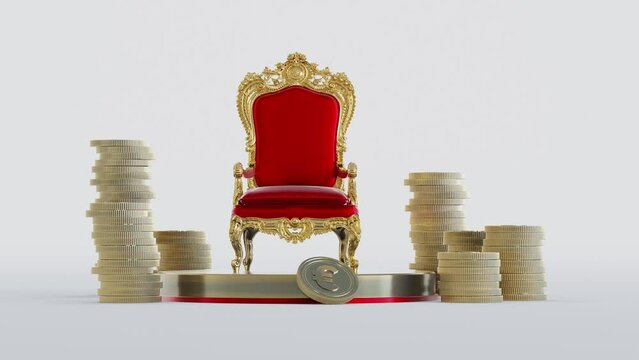 red king throne withe euro coins isolated on white background, king throne on golden pedestal,